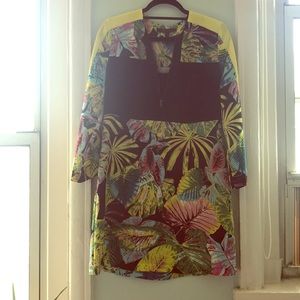 Tropical color-blocked printed shift dress